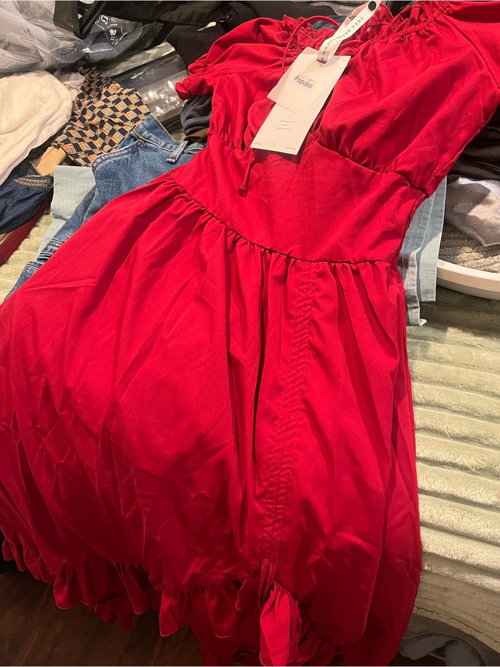 Red Ruffle-Trim Fit-and-Flare Formal Dress